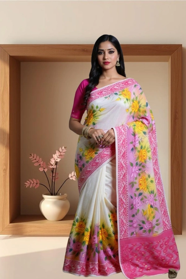 SKU0366 :   Elegant Handwoven Jamdani Saree – Traditional Bengali Weave  - Floral, Hand Paint, Dry Clean Only, Yes