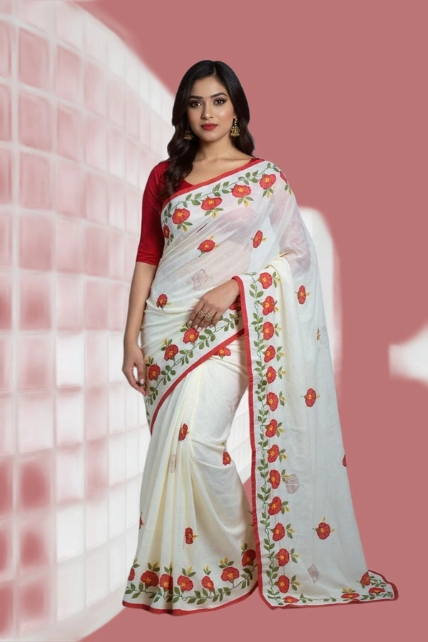SKU0369 : Pure   Cotton Saree – Handwoven, Lightweight & Breathable Fabric  - White, Floral, Hand Paint, Dry Clean Only, Yes