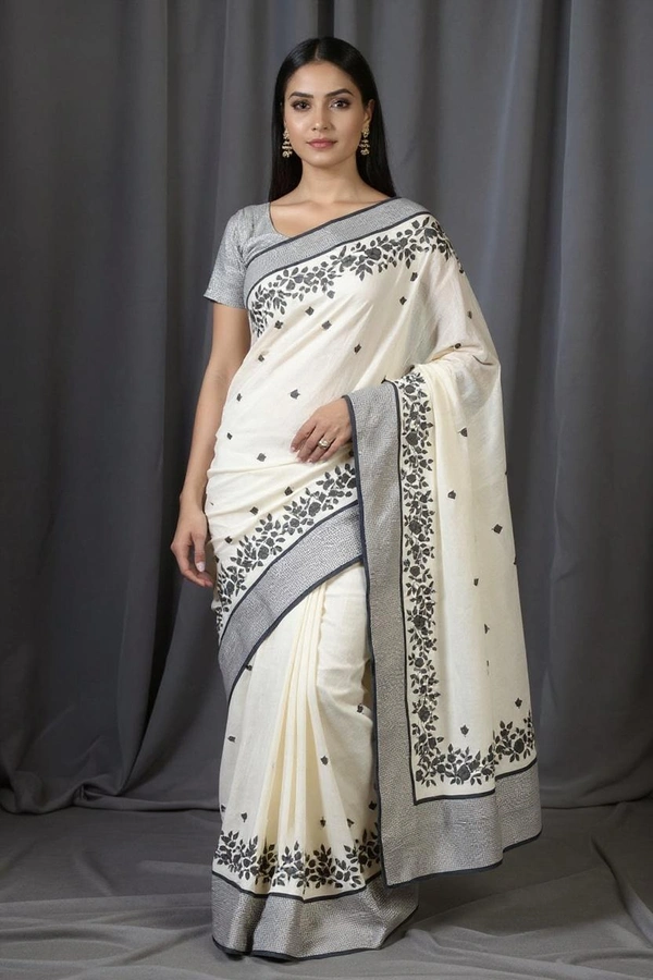 SKU0372 : Pure Cotton Saree – Handwoven, Lightweight & Breathable Fabric | Applic Work Border - Floral, Hand Paint, Dry Clean Only, Yes