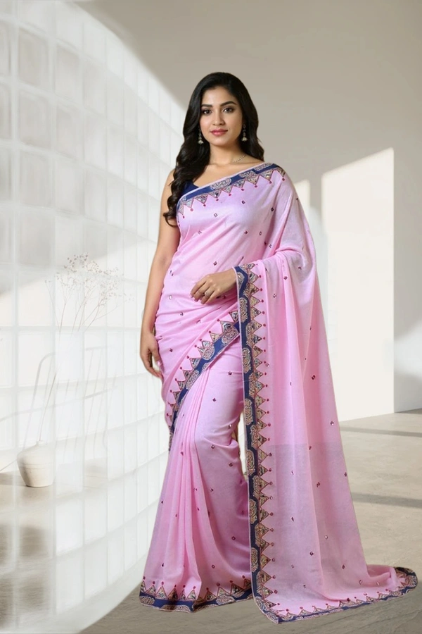 SKU0379 : Pure Cotton Saree – Handwoven, Lightweight & Breathable Fabric | Applic Border - Pink, Buti / Booti, Dry Clean Only