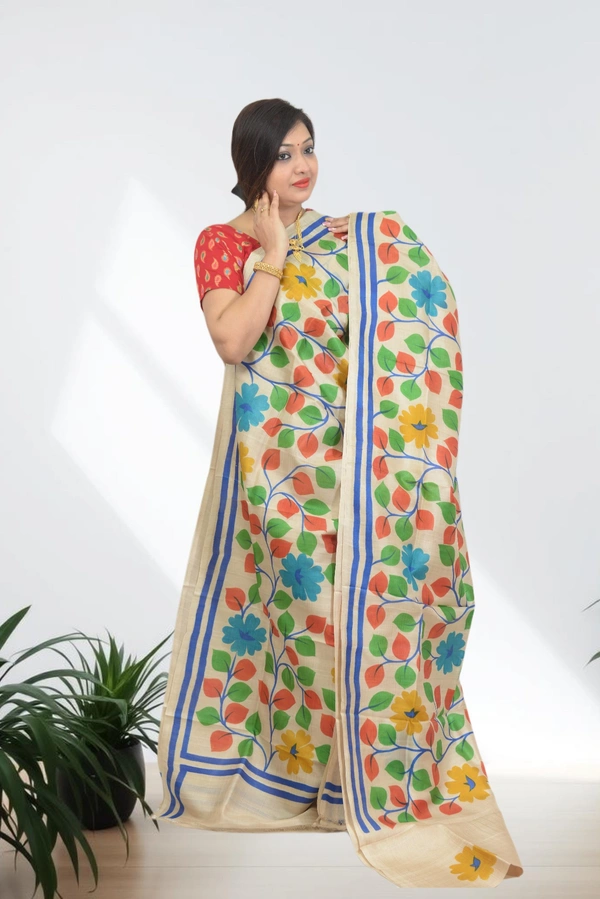 SKU0609 : Pure Silk  Saree – Handwoven Bengal Traditional | Acid Paint - Normal Length 6.3 mtr Plus, Tussar, Floral, Hand Print, Dry Clean Only, Yes