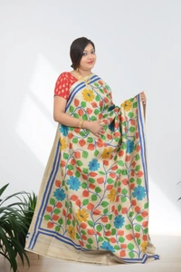 SKU0609 : Pure Silk  Saree – Handwoven Bengal Traditional | Acid Paint - Normal Length 6.3 mtr Plus, Tussar, Floral, Hand Print, Dry Clean Only, Yes