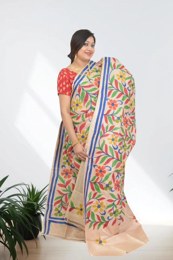 SKU0610 : Pure Silk Saree – Handwoven Bengal Traditional | Acid Paint - Normal Length 6.3 mtr Plus, Tussar, Floral, Hand Print, Dry Clean Only, Yes