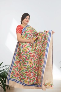SKU0610 : Pure Silk Saree – Handwoven Bengal Traditional | Acid Paint - Normal Length 6.3 mtr Plus, Tussar, Floral, Hand Print, Dry Clean Only, Yes