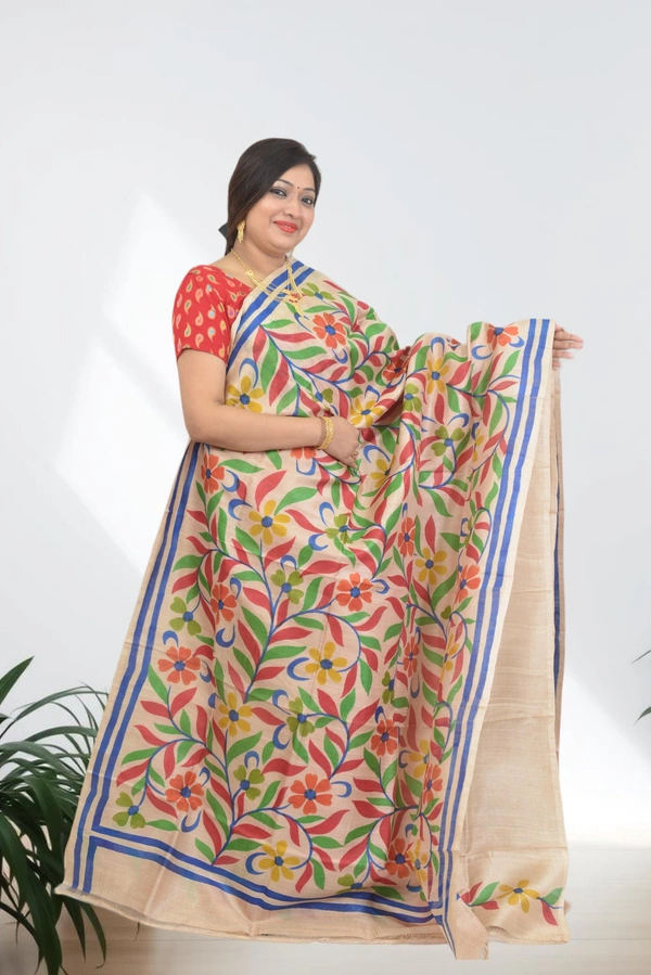 SKU0610 : Pure Silk Saree – Handwoven Bengal Traditional | Acid Paint - Normal Length 6.3 mtr Plus, Tussar, Floral, Hand Print, Dry Clean Only, Yes