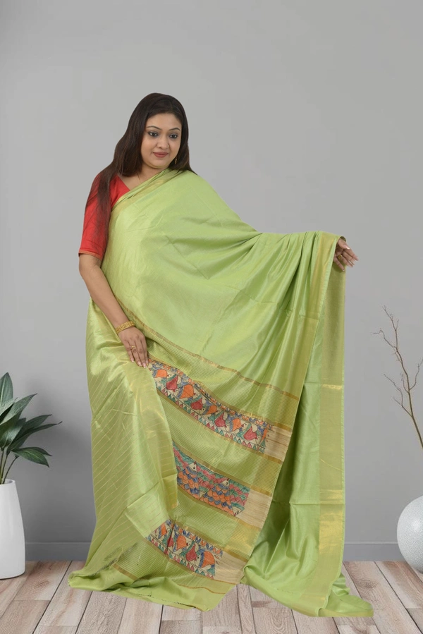 SKU0481 : Elegant Handwoven Tussar Ghicha Bapta Saree – Traditional Bengal Weave  - Normal Length 6.3 mtr Plus, Green, Plain / Solid, Dry Clean Only, Yes