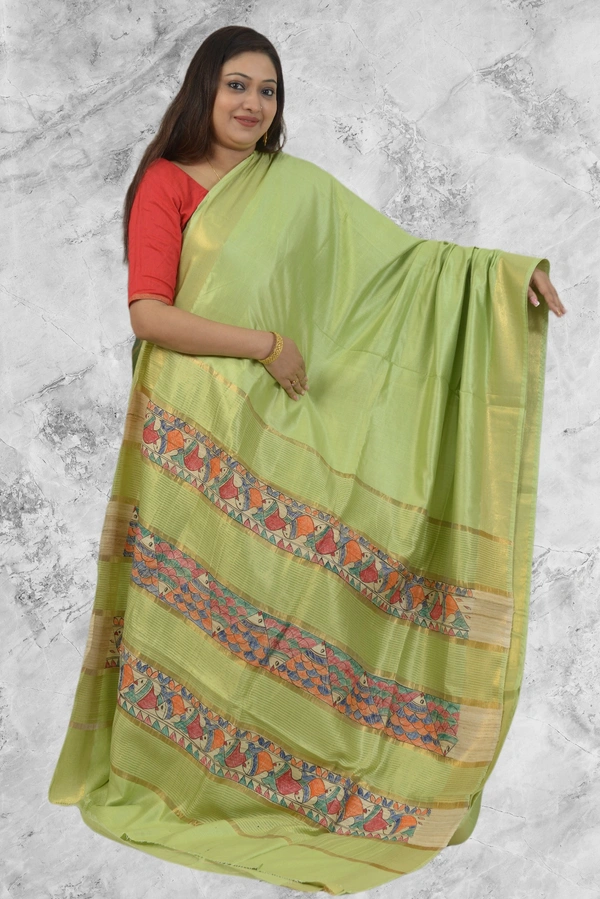 SKU0481 : Elegant Handwoven Tussar Ghicha Bapta Saree – Traditional Bengal Weave  - Normal Length 6.3 mtr Plus, Green, Plain / Solid, Dry Clean Only, Yes