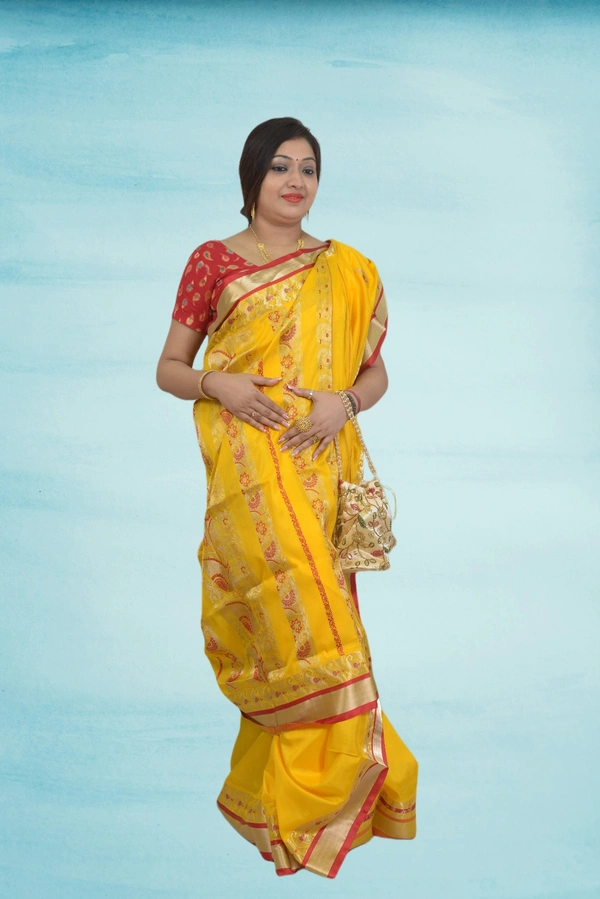 SKU0611 : Traditional Bengal Garad Silk Saree – Pure Handwoven Elegance | Jakard ( With Minakari ) - Normal Length 6.3 mtr Plus, Yellow, Zari Work, Dry Clean Only, Yes