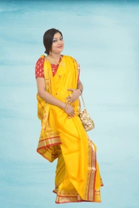 SKU0611 : Traditional Bengal Garad Silk Saree – Pure Handwoven Elegance | Jakard ( With Minakari ) - Normal Length 6.3 mtr Plus, Yellow, Zari Work, Dry Clean Only, Yes