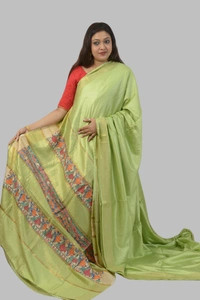 SKU0481 : Elegant Handwoven Tussar Ghicha Bapta Saree – Traditional Bengal Weave  - Normal Length 6.3 mtr Plus, Green, Plain / Solid, Dry Clean Only, Yes