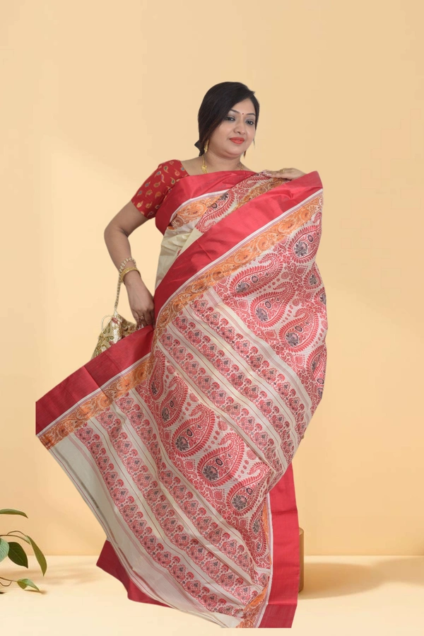 SKU0612 : Traditional Bengal Garad Silk Saree – Pure Handwoven Elegance Shape - Normal Length 6.3 mtr Plus, Offwhite, Plain / Solid, Dry Clean Only, Yes