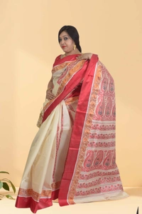SKU0612 : Traditional Bengal Garad Silk Saree – Pure Handwoven Elegance Shape - Normal Length 6.3 mtr Plus, Offwhite, Plain / Solid, Dry Clean Only, Yes