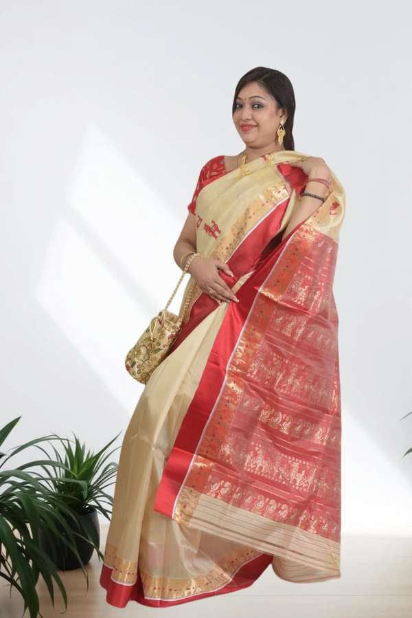 SKU0613 : Traditional Bengal Garad Silk Saree – Pure Handwoven Elegance - Normal Length 6.3 mtr Plus, Offwhite, Plain / Solid, Dry Clean Only, Yes