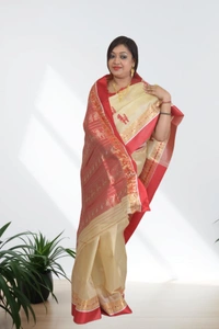 SKU0613 : Traditional Bengal Garad Silk Saree – Pure Handwoven Elegance - Normal Length 6.3 mtr Plus, Offwhite, Plain / Solid, Dry Clean Only, Yes