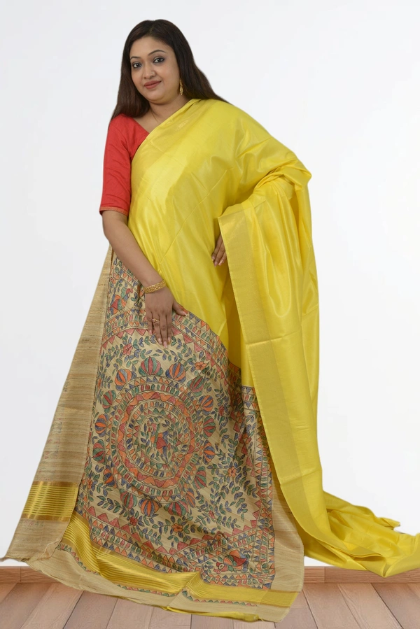 SKU0482 : Elegant Handwoven Tussar Ghicha Bapta Saree – Traditional Bengal Weave - Normal Length 6.3 mtr Plus, Yellow, Plain / Solid, Dry Clean Only, Yes