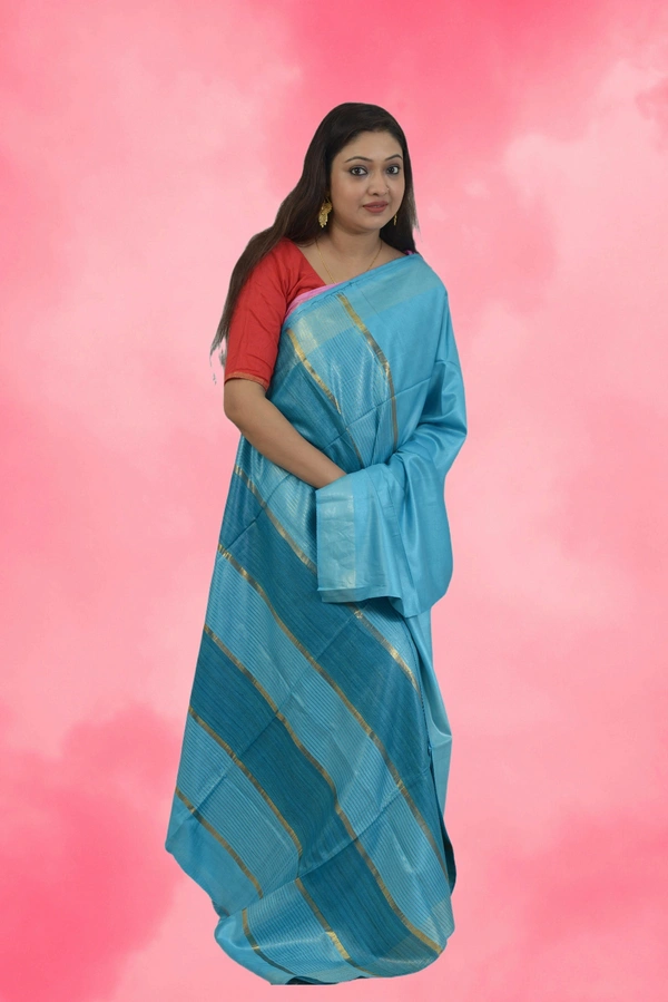 SKU0472 : Elegant Handwoven Tussar Ghicha Bapta Saree – Traditional Bengal Weave - Normal Length 6.3 mtr Plus, Firoza, Plain / Solid, Dry Clean Only, Yes