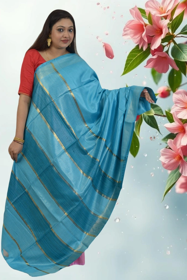 SKU0472 : Elegant Handwoven Tussar Ghicha Bapta Saree – Traditional Bengal Weave - Normal Length 6.3 mtr Plus, Firoza, Plain / Solid, Dry Clean Only, Yes