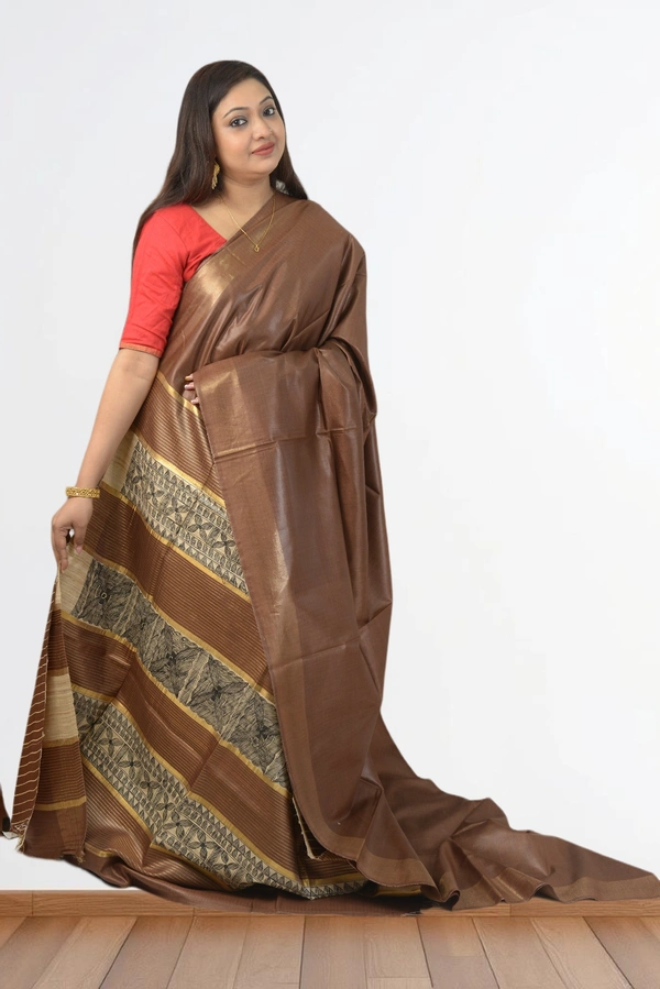 SKU0483 : Elegant Handwoven Tussar Ghicha Bapta Saree – Traditional Bengal Weave  - Normal Length 6.3 mtr Plus, Chocolate, Plain / Solid, Dry Clean Only, Yes