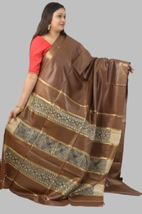 SKU0483 : Elegant Handwoven Tussar Ghicha Bapta Saree – Traditional Bengal Weave  - Normal Length 6.3 mtr Plus, Chocolate, Plain / Solid, Dry Clean Only, Yes