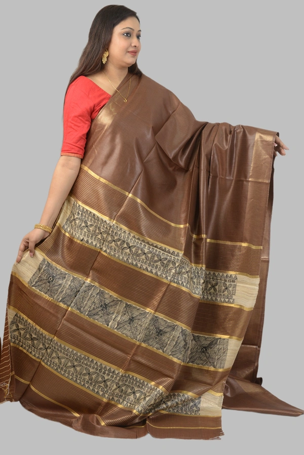 SKU0483 : Elegant Handwoven Tussar Ghicha Bapta Saree – Traditional Bengal Weave  - Normal Length 6.3 mtr Plus, Chocolate, Plain / Solid, Dry Clean Only, Yes