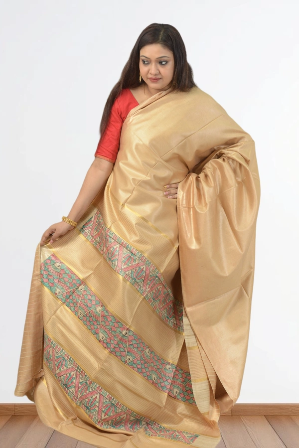 SKU0484 : Elegant Handwoven Tussar Ghicha Bapta Saree – Traditional Bengal Weave  - Normal Length 6.3 mtr Plus, Tussar, Plain / Solid, Dry Clean Only, Yes