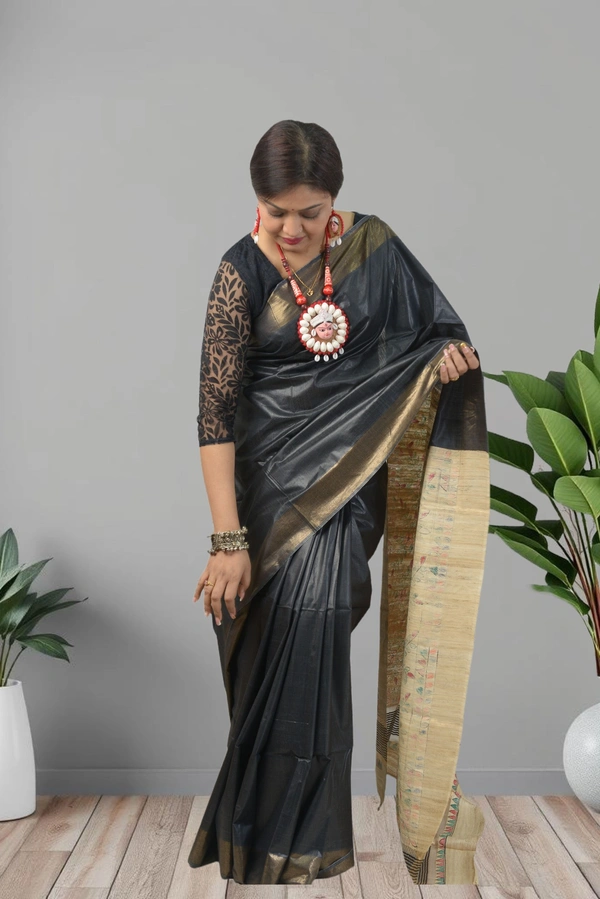 SKU0485 : Elegant Handwoven Tussar Ghicha Bapta Saree – Traditional Bengal Weave - Normal Length 6.3 mtr Plus, Black, Plain / Solid, Dry Clean Only, Yes