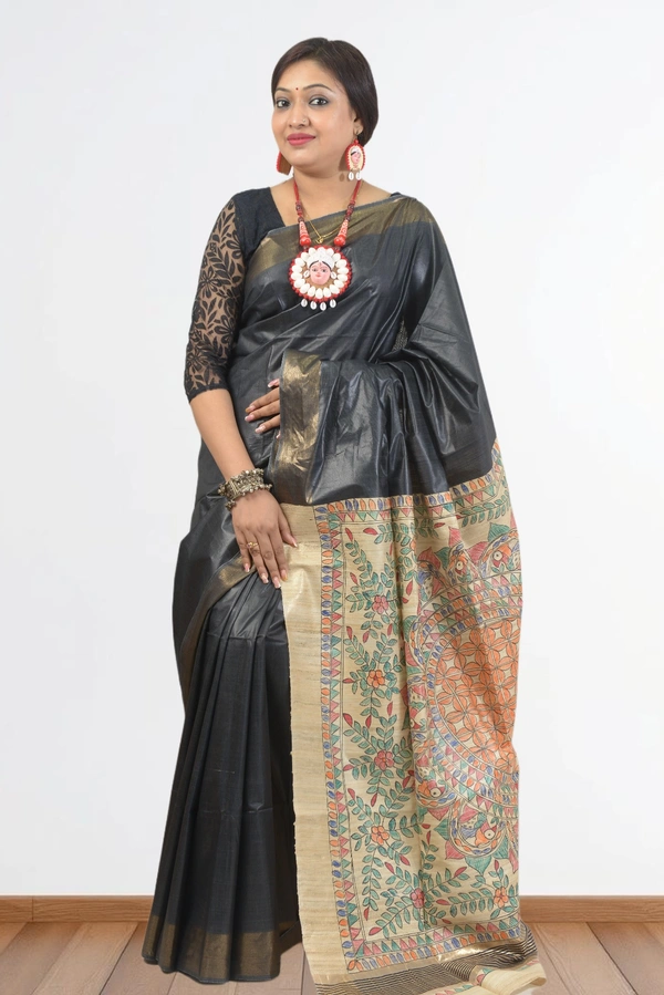 SKU0485 : Elegant Handwoven Tussar Ghicha Bapta Saree – Traditional Bengal Weave - Normal Length 6.3 mtr Plus, Black, Plain / Solid, Dry Clean Only, Yes