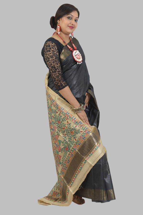 SKU0485 : Elegant Handwoven Tussar Ghicha Bapta Saree – Traditional Bengal Weave - Normal Length 6.3 mtr Plus, Black, Plain / Solid, Dry Clean Only, Yes