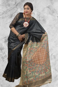 SKU0485 : Elegant Handwoven Tussar Ghicha Bapta Saree – Traditional Bengal Weave - Normal Length 6.3 mtr Plus, Black, Plain / Solid, Dry Clean Only, Yes