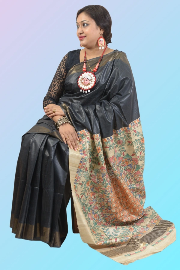 SKU0485 : Elegant Handwoven Tussar Ghicha Bapta Saree – Traditional Bengal Weave - Normal Length 6.3 mtr Plus, Black, Plain / Solid, Dry Clean Only, Yes