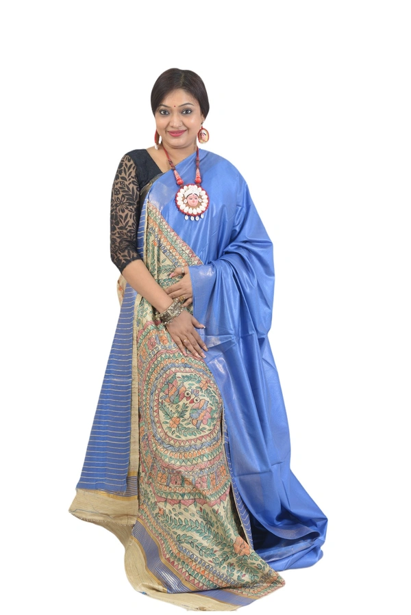 SKU0486 : Elegant Handwoven Tussar Ghicha Bapta Saree – Traditional Bengal Weave  - Normal Length 6.3 mtr Plus, Blue, Plain / Solid, Dry Clean Only, Yes