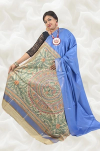 SKU0486 : Elegant Handwoven Tussar Ghicha Bapta Saree – Traditional Bengal Weave  - Normal Length 6.3 mtr Plus, Blue, Plain / Solid, Dry Clean Only, Yes