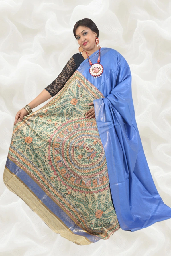SKU0486 : Elegant Handwoven Tussar Ghicha Bapta Saree – Traditional Bengal Weave  - Normal Length 6.3 mtr Plus, Blue, Plain / Solid, Dry Clean Only, Yes