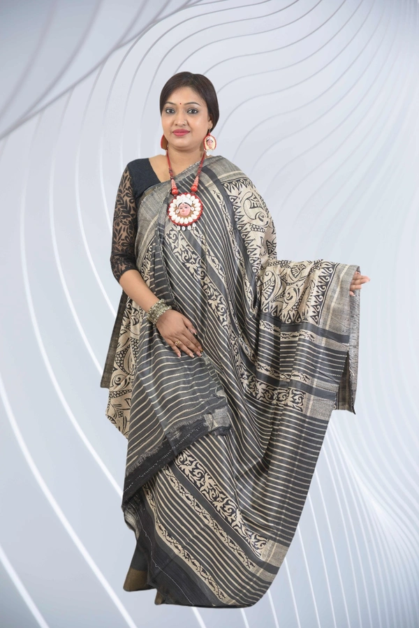 SKU0487 : Elegant Tussar Temple Ghicha Silk Saree – Handwoven Traditional Style - Normal Length 6.3 mtr Plus, Black, Block Print, Dry Clean Only, Yes