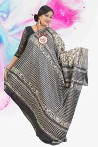 SKU0487 : Elegant Tussar Temple Ghicha Silk Saree – Handwoven Traditional Style - Normal Length 6.3 mtr Plus, Black, Block Print, Dry Clean Only, Yes