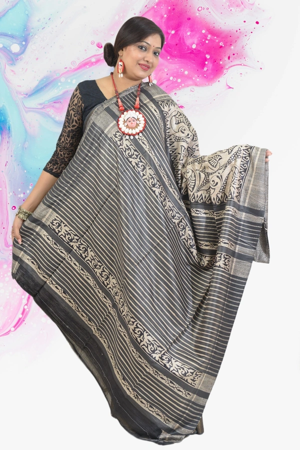 SKU0487 : Elegant Tussar Temple Ghicha Silk Saree – Handwoven Traditional Style - Normal Length 6.3 mtr Plus, Black, Block Print, Dry Clean Only, Yes