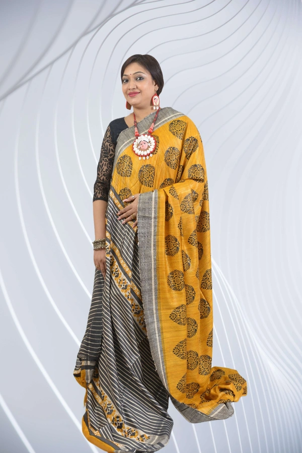 SKU0488 : Elegant Tussar Temple Ghicha Silk Saree – Handwoven Traditional Style - Normal Length 6.3 mtr Plus, Yellow, Block Print, Dry Clean Only, Yes