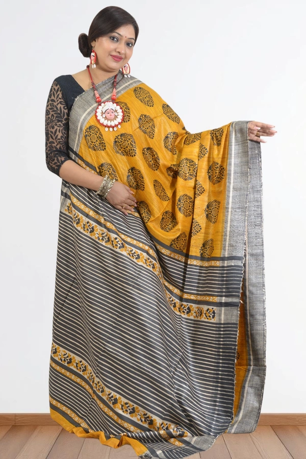 SKU0488 : Elegant Tussar Temple Ghicha Silk Saree – Handwoven Traditional Style - Normal Length 6.3 mtr Plus, Yellow, Block Print, Dry Clean Only, Yes