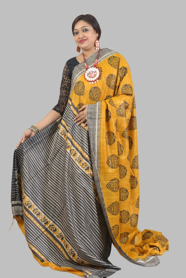 SKU0488 : Elegant Tussar Temple Ghicha Silk Saree – Handwoven Traditional Style - Normal Length 6.3 mtr Plus, Yellow, Block Print, Dry Clean Only, Yes