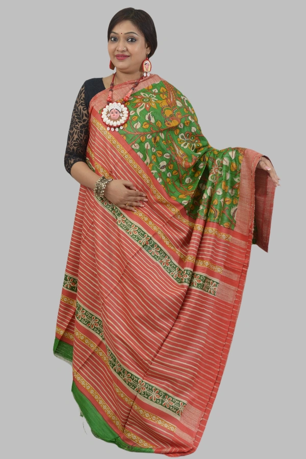 SKU0490 : Elegant Tussar Temple Ghicha Silk Saree – Handwoven Traditional Style - Normal Length 6.3 mtr Plus, Parrot Green, Floral Print, Dry Clean Only, Yes