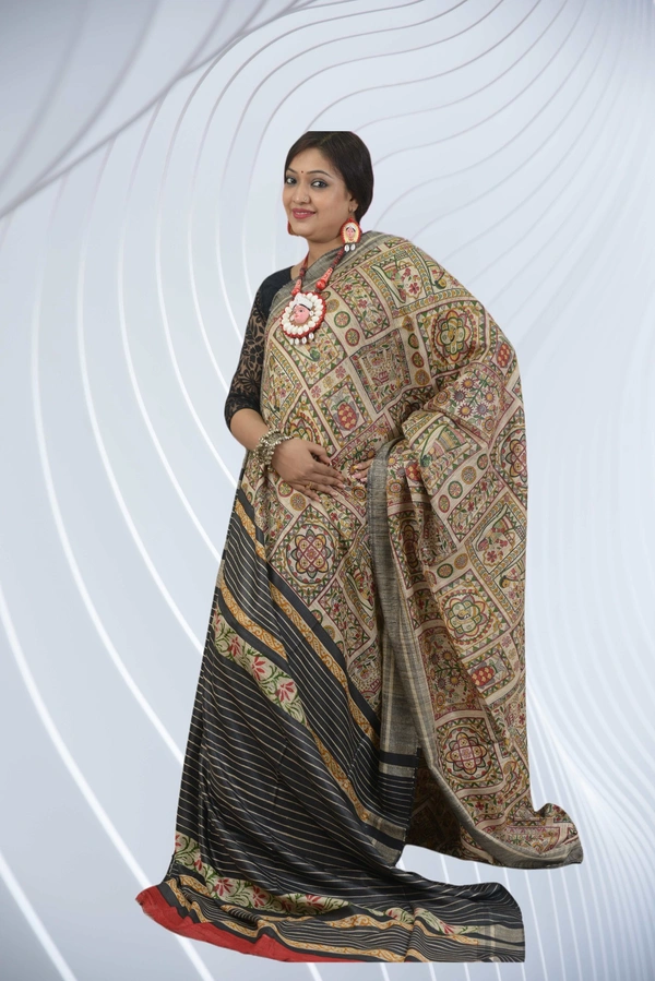 SKU0491 : Elegant Tussar Temple Ghicha Silk Saree – Handwoven Traditional Style Shape - Normal Length 6.3 mtr Plus, Tussar, Block Print, Dry Clean Only, Yes