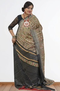 SKU0491 : Elegant Tussar Temple Ghicha Silk Saree – Handwoven Traditional Style Shape - Normal Length 6.3 mtr Plus, Tussar, Block Print, Dry Clean Only, Yes