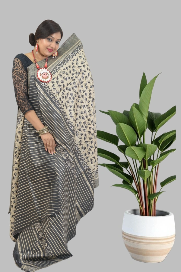 SKU0492 : Elegant Tussar Temple Ghicha Silk Saree – Handwoven Traditional Style Shape - Normal Length 6.3 mtr Plus, Offwhite, Block Print, Dry Clean Only, Yes