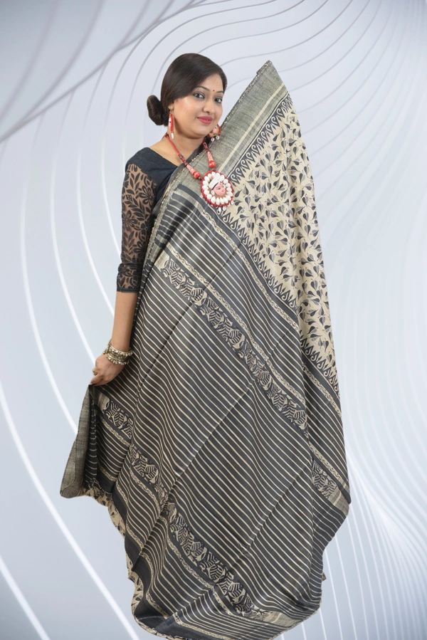SKU0492 : Elegant Tussar Temple Ghicha Silk Saree – Handwoven Traditional Style Shape - Normal Length 6.3 mtr Plus, Offwhite, Block Print, Dry Clean Only, Yes