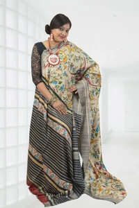 SKU0493 : Elegant Tussar Temple Ghicha Silk Saree – Handwoven Traditional Style Shape - Normal Length 6.3 mtr Plus, Offwhite, Floral Print, Dry Clean Only, Yes