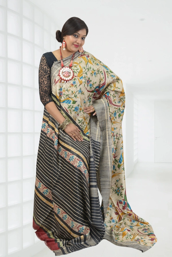 SKU0493 : Elegant Tussar Temple Ghicha Silk Saree – Handwoven Traditional Style Shape - Normal Length 6.3 mtr Plus, Offwhite, Floral Print, Dry Clean Only, Yes