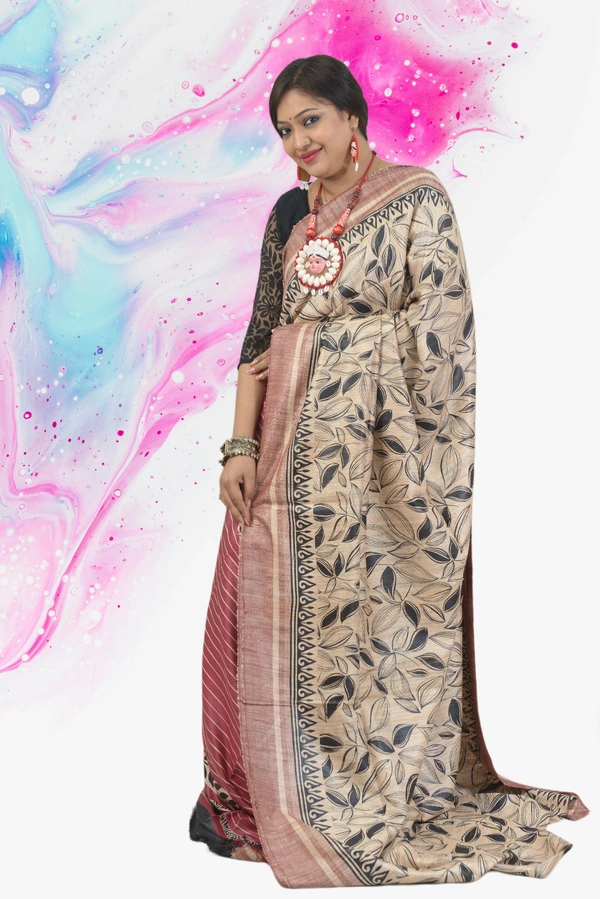 SKU0494 : Elegant Tussar Temple Ghicha Silk Saree – Handwoven Traditional Style Shape - Normal Length 6.3 mtr Plus, Offwhite, Block Print, Dry Clean Only, Yes