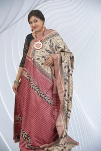 SKU0494 : Elegant Tussar Temple Ghicha Silk Saree – Handwoven Traditional Style Shape - Normal Length 6.3 mtr Plus, Offwhite, Block Print, Dry Clean Only, Yes