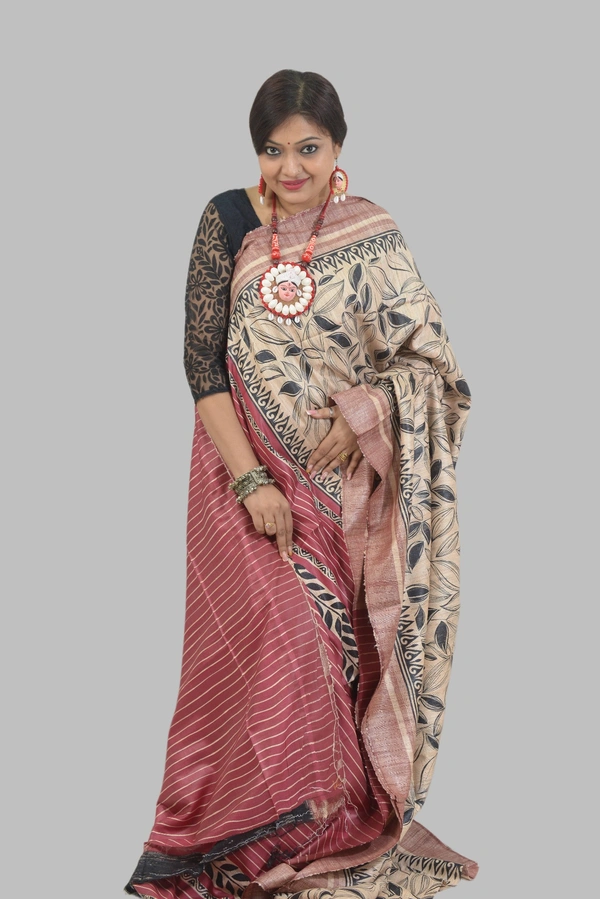 SKU0494 : Elegant Tussar Temple Ghicha Silk Saree – Handwoven Traditional Style Shape - Normal Length 6.3 mtr Plus, Offwhite, Block Print, Dry Clean Only, Yes