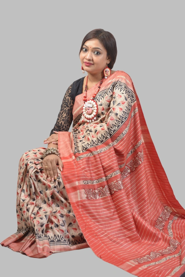 SKU0495 : Elegant Tussar Temple Ghicha Silk Saree – Handwoven Traditional Style Shape - Normal Length 6.3 mtr Plus, Offwhite, Block Print, Dry Clean Only, Yes